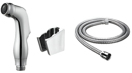 Aloni bidethanddouche set uitgevoerd in chroom met flexibele metalen slang en wandbevestiging.