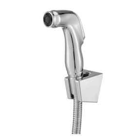Aloni bidethanddouche set uitgevoerd in chroom met flexibele metalen slang en wandbevestiging.