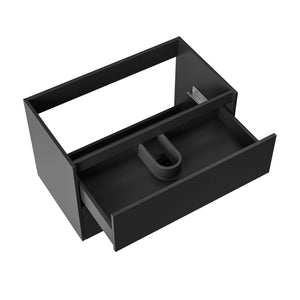 ALONI Hayat wastafelonderkast mat zwart – geopende softclose lade met sifonuitsparing