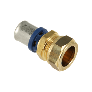 BONFIX Alu-pers messing perskoppeling overgang naar 15 mm knelverbinding met RVS pershuls.