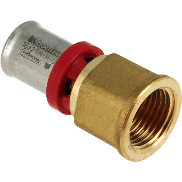 BONFIX Alu-pers messing schroefbus perskoppeling van 16 mm naar 3/4 inch binnendraad met RVS pershuls