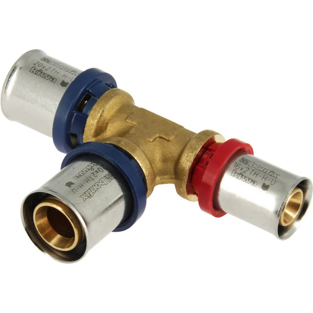 BONFIX Alu-pers messing perskoppeling T-stuk verlopend 20 x 20 x 16 mm met RVS pershulzen.