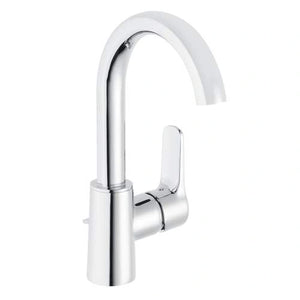 Comfort Line Lola wastafelmengkraan met hoge gebogen draaibare uitloop en waste in chroom.