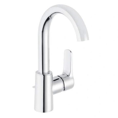 Comfort Line Lola wastafelmengkraan met hoge gebogen draaibare uitloop en waste in chroom.