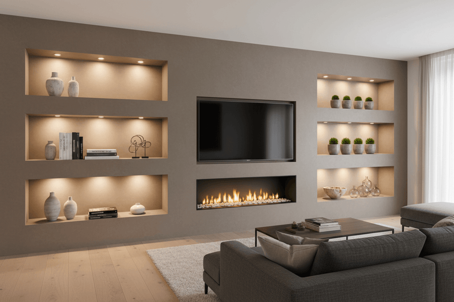 genereer een mooie luxe cinewall met een wat grotere sfeerhaard en grote breede nissen dus anders dan anders in de Nederlandse markt realistische foto met inbouwspots in de nissen warm wit 