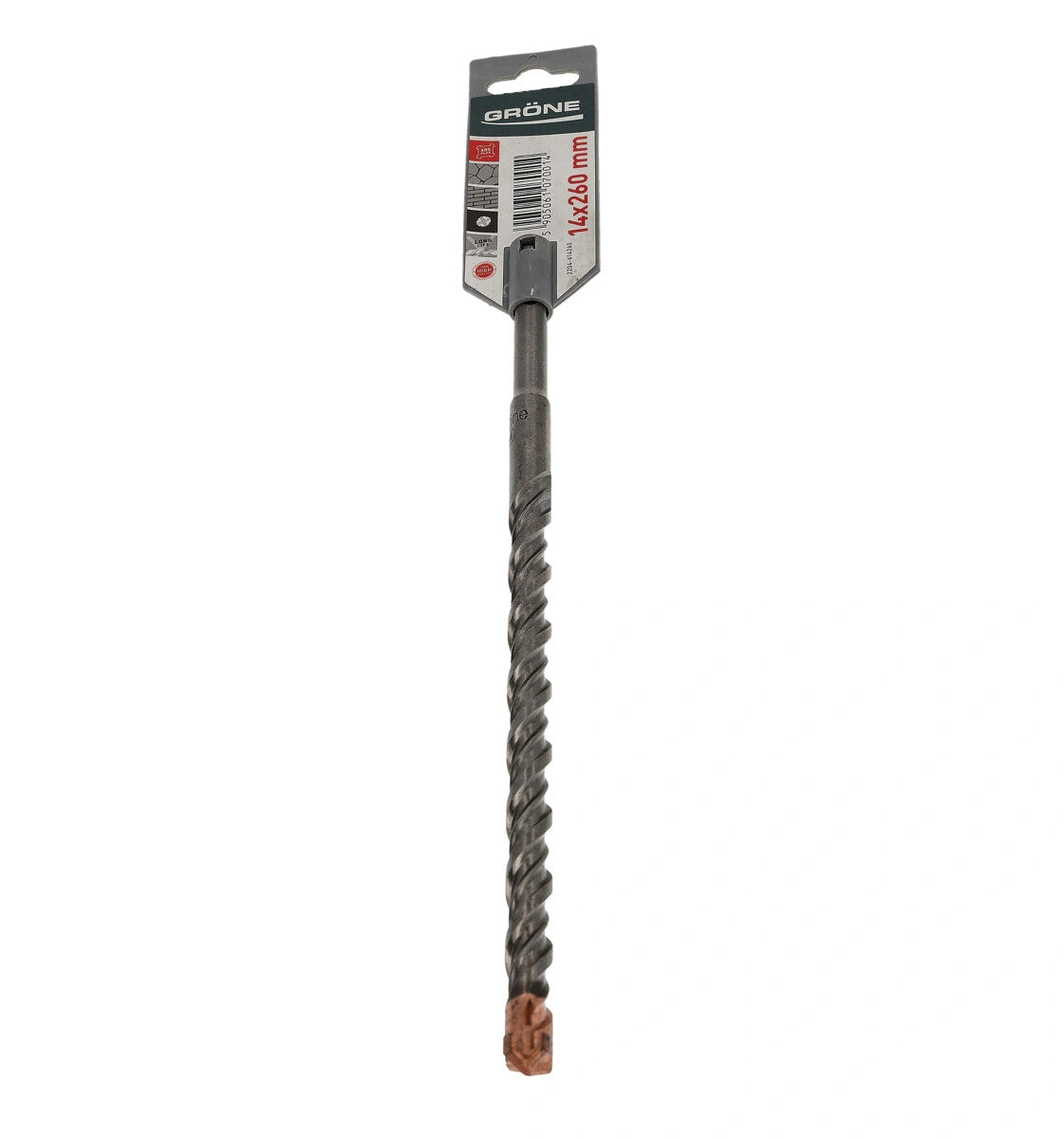 Gröne SDS-Plus betonboor 14mm met 4-snijkanten en 4-voudige spiraal voor stofafvoer.