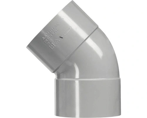 Grijze MARTENS PVC bocht 45 graden met aan beide zijden een lijmmof, diameter 110 mm.