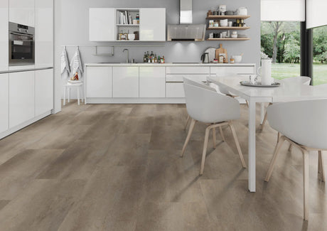 Betonlook bruin met metaaleffect PVC tegel vloer (Oneflor Metal Concrete Brown) gelegd in een interieur – sfeerfoto 1