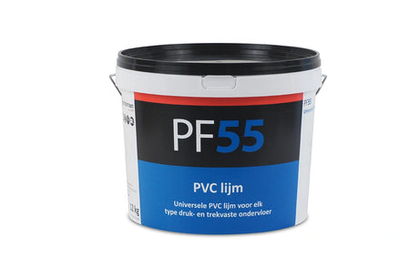 Emmer 12kg PF55 dispersielijm voor professionele verlijming van PVC en rubberen vloerbedekkingen.
