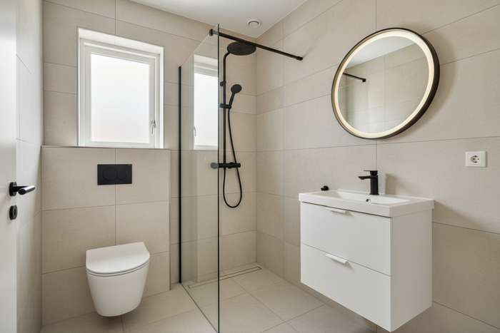 realistische foto van de badkamer moet net als in een Rijtjeshuis dus zo groot ook weer niet