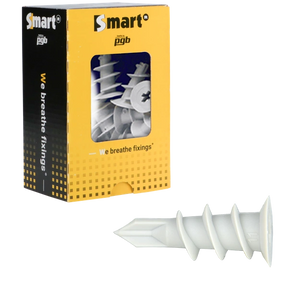 Witte zelfborende Smart nylon gipskartonpluggen type GKP met scherpe punt in vensterdoos van 50 stuks.