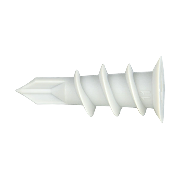 Witte zelfborende Smart nylon gipskartonpluggen type GKP met scherpe punt in vensterdoos van 50 stuks.