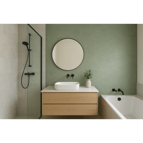 Luxe badkamer met naadloze Stucco Ksour wandafwerking en een natuurlijke betonlook