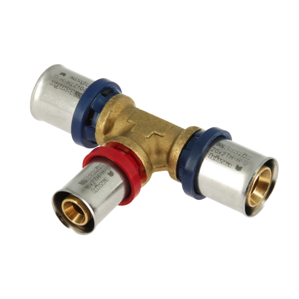 Verlopende T-koppeling alu-pers 20x16x20 mm met multi-profiel voor meerlagenbuis.