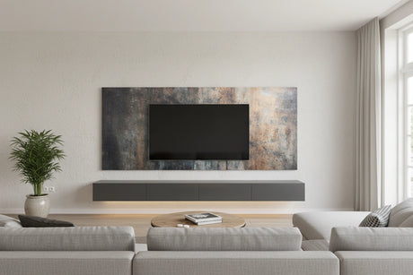 Exclusief design wandpaneel Midnight Masterpiece met abstracte donkere kleurenmix en gouden/diepblauwe accenten.