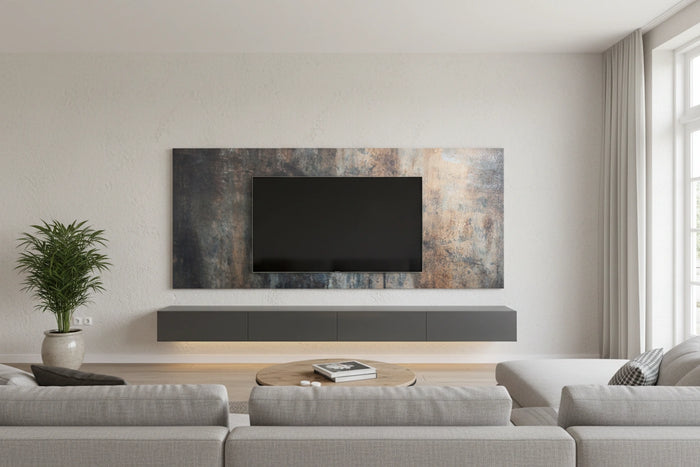 Exclusief design wandpaneel Midnight Masterpiece met abstracte donkere kleurenmix en gouden/diepblauwe accenten.