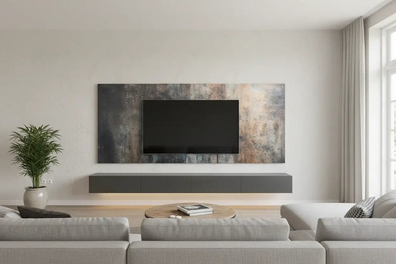 Exclusief design wandpaneel Midnight Masterpiece met abstracte donkere kleurenmix en gouden/diepblauwe accenten.